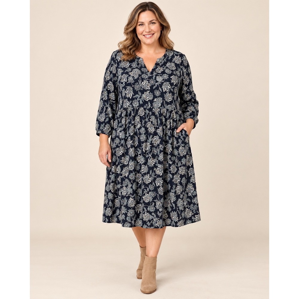 J. Jill Womens L Midi Dress Navy Blue Floral Paisley Boho Cottagecore Prairie